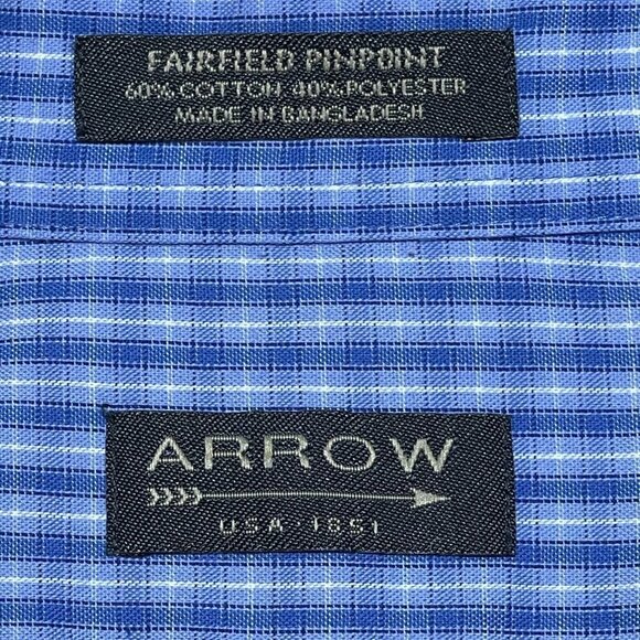 Arrow Men's Button Down Shirt Blue Micro Plaid Wrinkle Free XXL (18 1/2, 34/35) - Picture 3 of 7